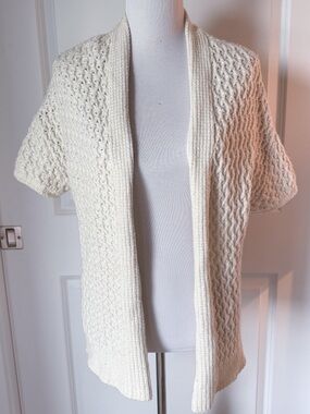 Coldwater Creek Cream Knit Cardigan Short Sleeve Open Front Textured Cozy Medium